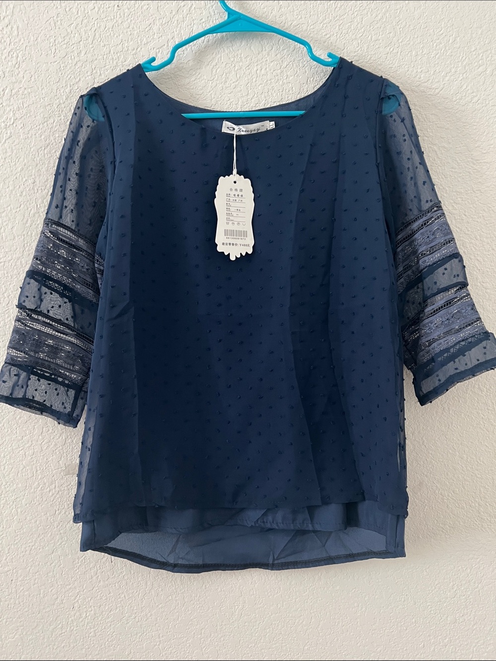 Textured Navy Women's Blouse with Sheer Sleeves